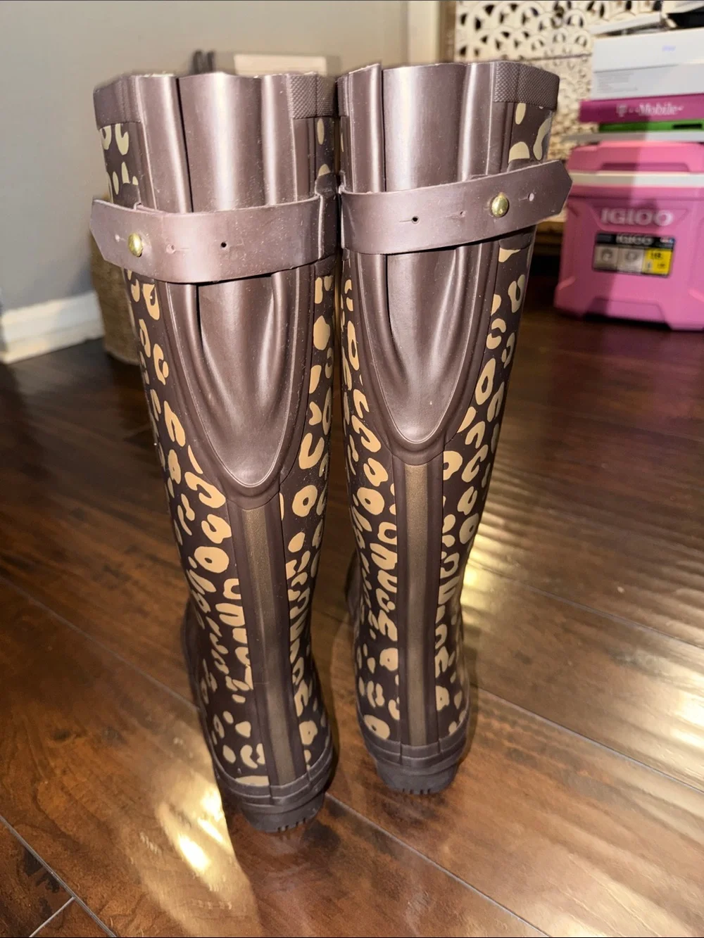 Joules Brown Rain Boots with Leopard Accent
